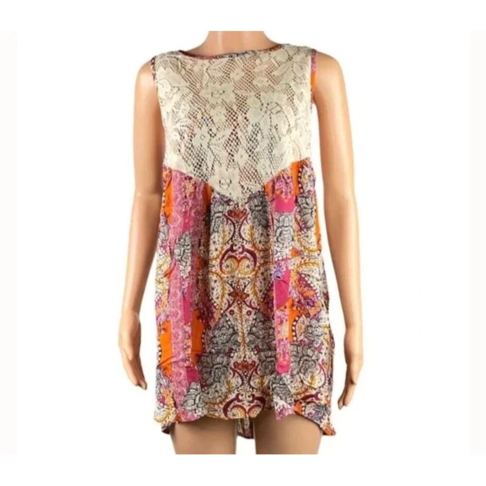 Free People Count Me In Trapeze Floral Combo Top Size S Tunic Shirt Crochet NEW